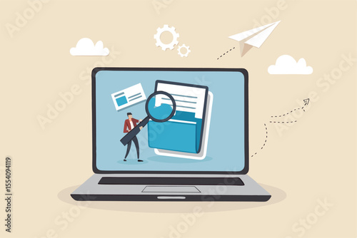 File management or documents archive, computer data backup or virus scan, online cloud storage or search for files concept, businessman with magnifying glass search for file in folder computer laptop.