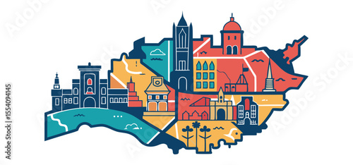 Wallpaper Mural Colorful vector illustration of an abstract city landscape with various buildings in a stylized cartographic design. Torontodigital.ca