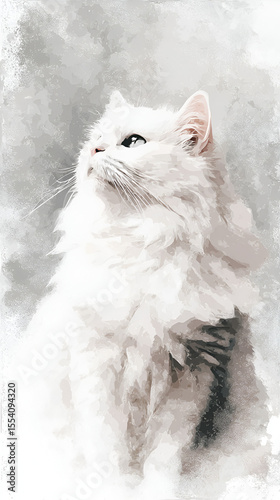 A white fluffy cat with light gray markings gazes upward in a watercolorstyle illustration