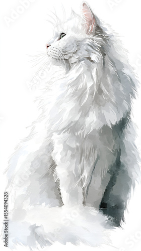 A white longhaired cat with green eyes sitting and looking to the left