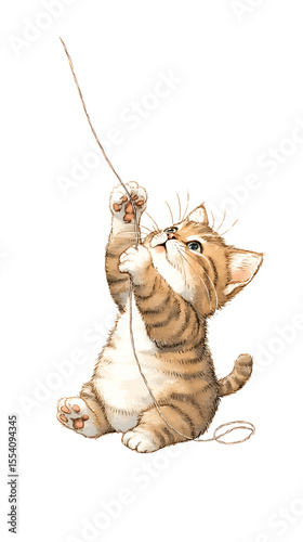An illustration shows a tan tabby kitten sitting upright playing with a brown string