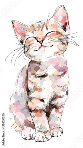 An illustration depicts a cute cat sitting with its eyes closed and a serene expression