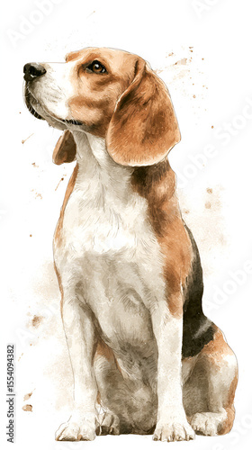 Beagle dog illustration portrait of a sitting tricolor hound with watercolor effect