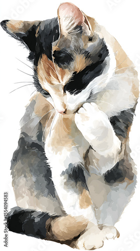 Calico cat grooming itself sitting upright with a paw on its face