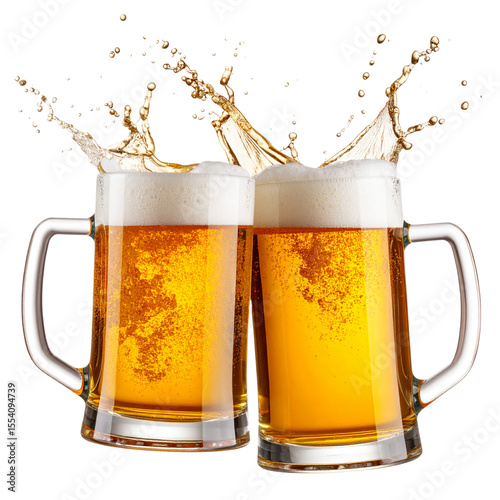 Two frosty beer mugs clinking mid-air with golden splash isolated on transparent background PNG