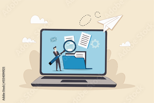 File management or documents archive, computer data backup or virus scan, online cloud storage or search for files concept, businessman with magnifying glass search for file in folder computer laptop.