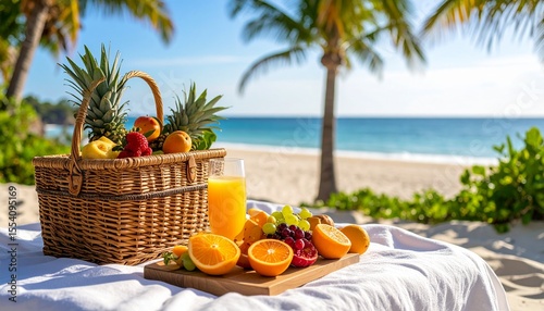 Delicious Fresh Fruit Basket and Juice Served on Beach Tropical Paradise Ocean View