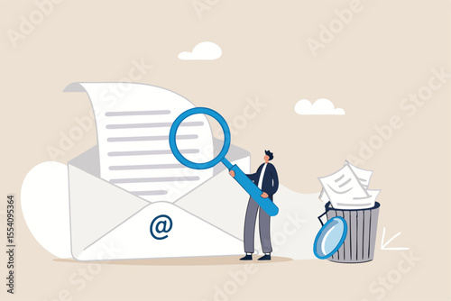 Email scan for cyber security, data protection or junk mail, online communication technology, safety and protection concept, businessman scan email with magnifying glass throw junk mail into bin.