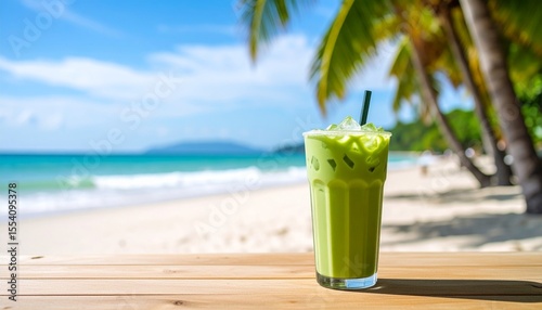 Refreshing Iced Matcha Green Tea Drink on a Tropical Beach Paradise Background
