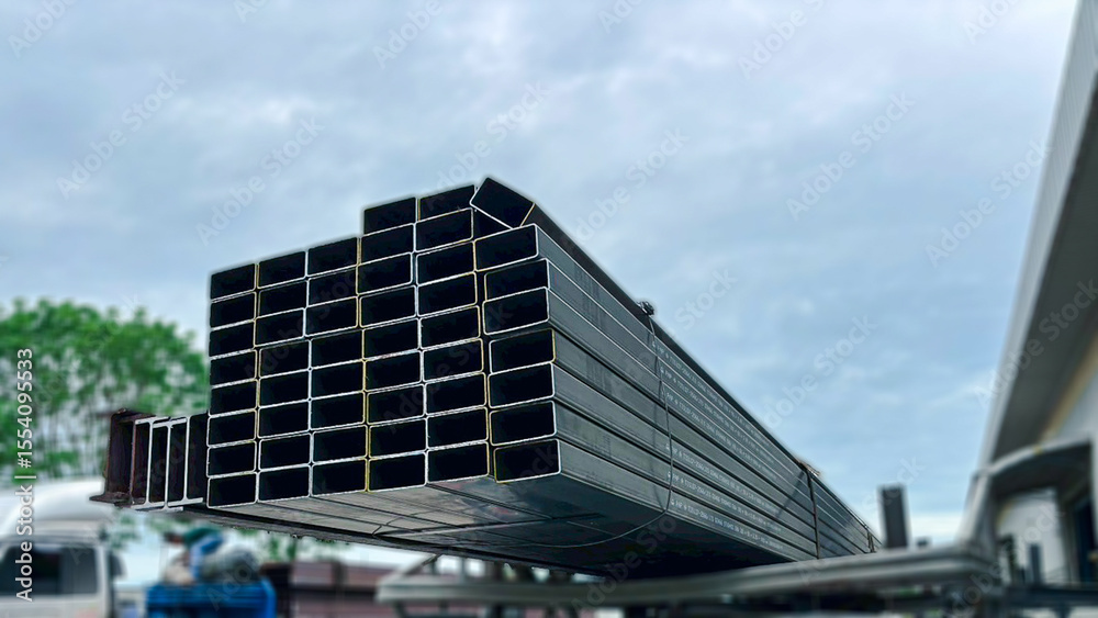 Fototapeta premium Metal Products on Truck Ready for Shipping.Assorted steel profiles including square tubes, and black steel pipes placed on a transport truck, distribution side of the steel industry.