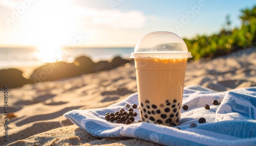 Refreshing Bubble Tea Enjoyment on a Sandy Beach During Golden Hour Sunset