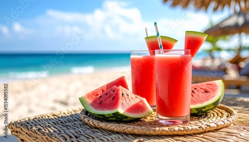Refreshing Watermelon Juice Refreshment on a Tropical Beach Paradise