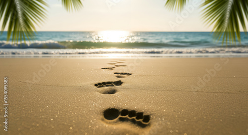 Close-up of footprints in golden sand, tropical beach setting with soft turquoise waves and blurred palm leaves. Perfect for summer travel and relaxation themes.