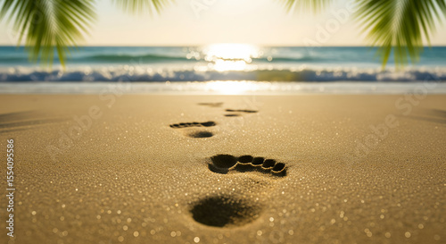 Close-up of footprints in golden sand, tropical beach setting with soft turquoise waves and blurred palm leaves. Perfect for summer travel and relaxation themes.