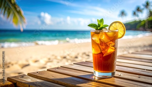 Refreshing Iced Tea on a Tropical Beach with Palm Trees and Ocean Waves