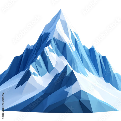 Stylized low-poly snowy mountain with soft shadows isolated on transparent background PNG