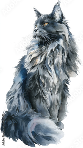 Watercolor illustration of a seated gray cat