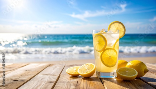 Refreshing lemon drink on a wooden table by the ocean shore on a sunny day