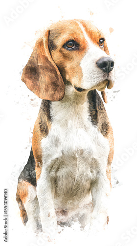 Watercolorstyle beagle dog with brown and white fur looking right