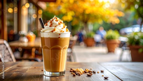 Enjoying a Delicious Caramel Frappuccino Coffee Drink Outdoors on a Sunny Autumn Day