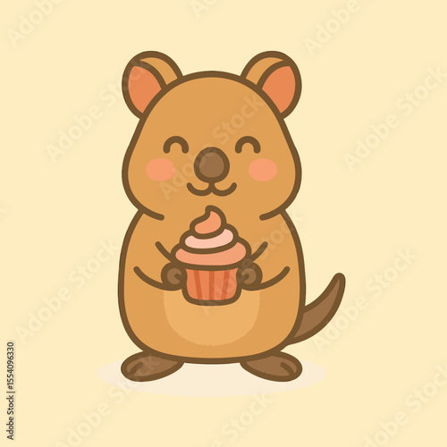 Delightful Quokka with a Cupcake: A cheerful quokka, with a radiant smile, cradles a freshly baked cupcake with joyful anticipation, set against a creamy, inviting backdrop.