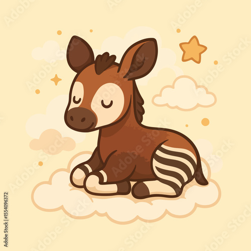Okapi on the Cloud: A whimsical depiction of an okapi resting peacefully on a fluffy cloud amidst a dreamy, celestial backdrop of stars and soft hues. 