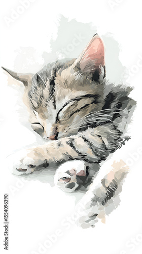 A sleeping tabby kitten curled up with paws visible