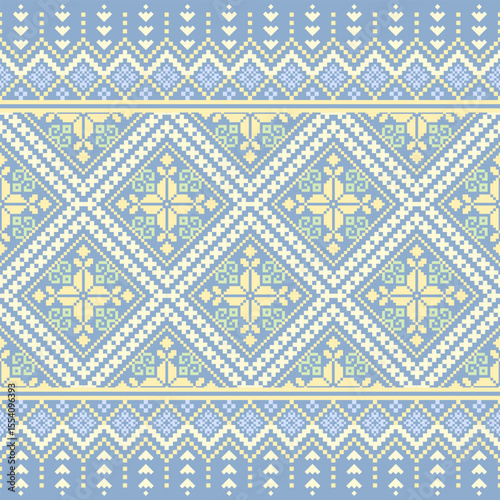 Pastel Blue Ethnic Pixel Pattern - Geometric Fabric for Textile Design