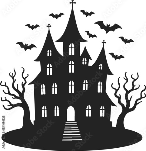Spooky silhouette of a haunted mansion with bats and bare trees on halloween night