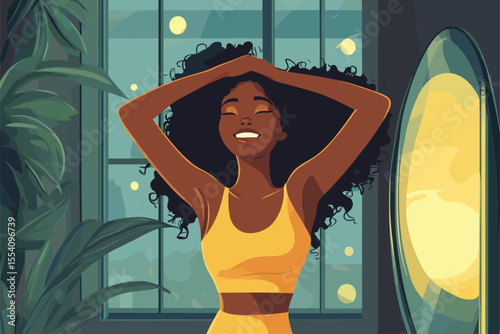 African woman stretching in mirror after skincare routine vector illustration
