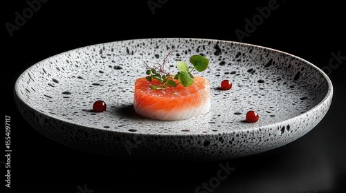 A round stack of salmon rests on a speckled ceramic plate with small garnishes. Use for menu designs or food blogging to showcase gourmet cuisine.