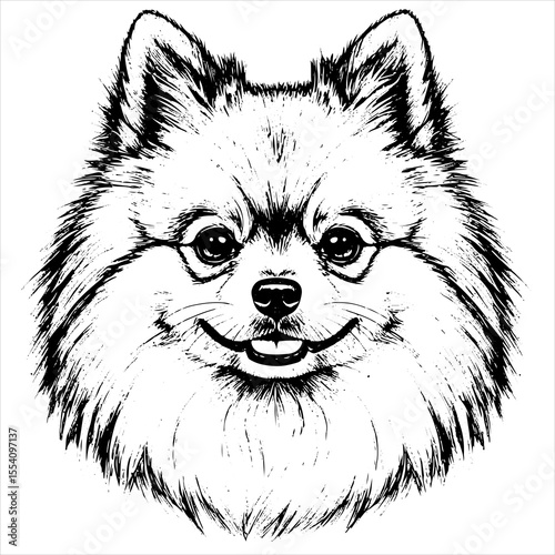 head pomeranian dog pet portrait engraving intricate retro hand drawn style line art black and white vector illustration, isolated on white background