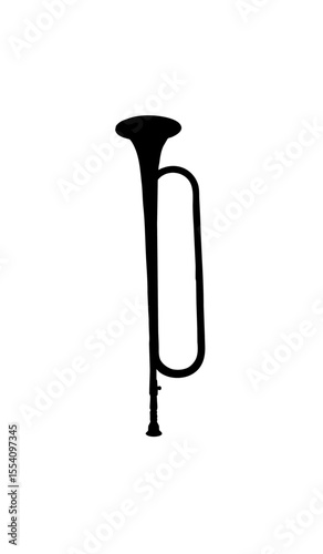 A simple silhouette of a post horn, a long, slender brass instrument, standing upright against a white background.