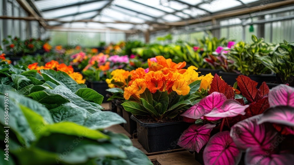 Fototapeta premium Vibrant Greenhouse Blooms: A Colorful Array of Spring Flowers