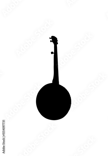 Silhouette of a banjo, showing its round body and long neck against a white background.