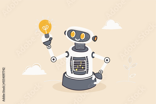 AI artificial intelligence technology to think and advice new idea, machine learning chatbot to support and help, innovation or automation, smart robot with AI chip thinking about new lightbulb idea.