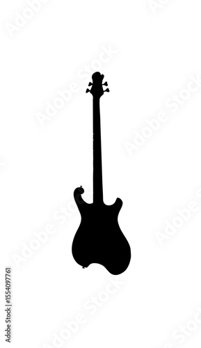 Silhouette of a black electric bass guitar, isolated on white background.