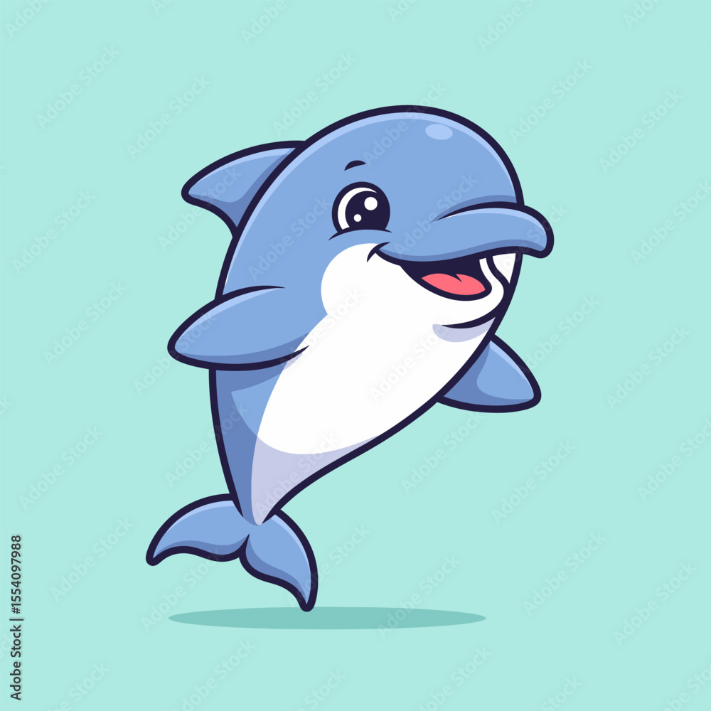 Naklejka premium Cute cartoon dolphin leaping with cheerful expression on a light background