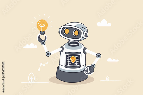 AI artificial intelligence technology to think and advice new idea, machine learning chatbot to support and help, innovation or automation, smart robot with AI chip thinking about new lightbulb idea.