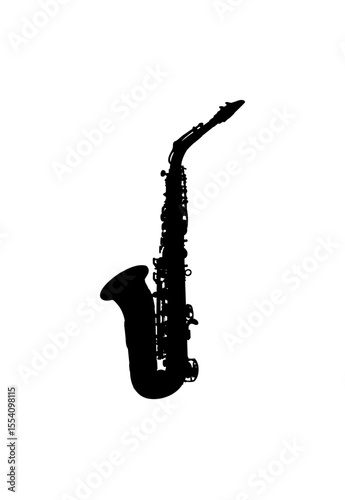 Silhouette of an alto saxophone, a classic wind instrument, poised elegantly.