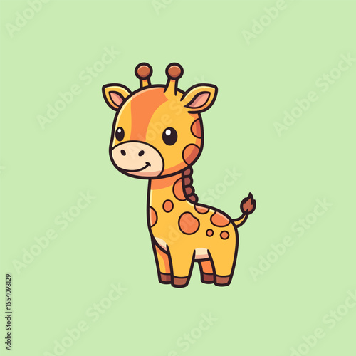 Cute giraffe cartoon smiling on a plain pastel green background