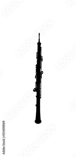 A black silhouette of an oboe, a double-reed woodwind instrument, stands vertically against a white background.