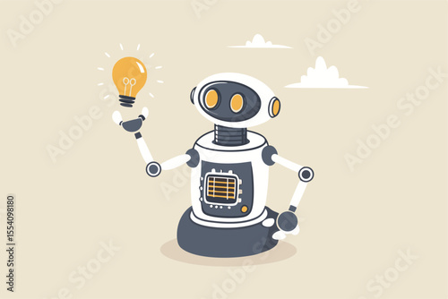 AI artificial intelligence technology to think and advice new idea, machine learning chatbot to support and help, innovation or automation, smart robot with AI chip thinking about new lightbulb idea.