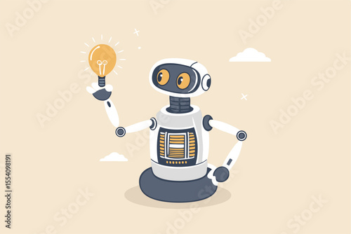 AI artificial intelligence technology to think and advice new idea, machine learning chatbot to support and help, innovation or automation, smart robot with AI chip thinking about new lightbulb idea.