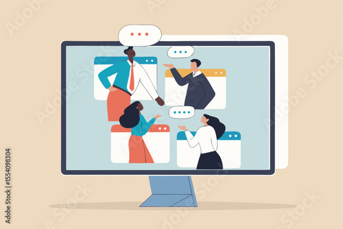 Online discussion board, group chat or video focused group meeting, online conference talking, team chat or technology for team conversation concept, business people chatting dialogue in computer.