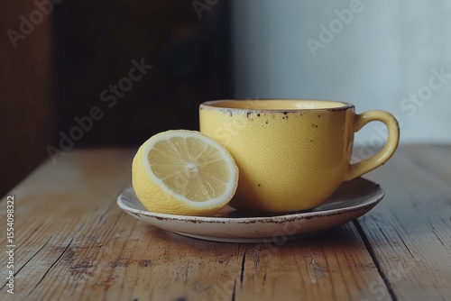 A yellow cup and halved lemon sit on a saucer on a wooden surface. Good for advertising drink or food business with natural ingredients.