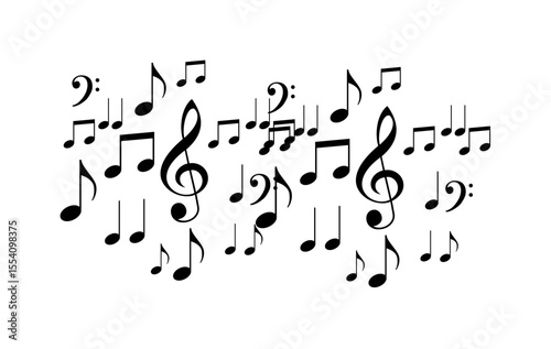 Black musical notes and clef symbols scattered across a white background.