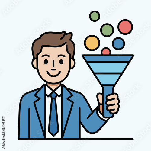Cartoon man in suit holding a funnel with colorful spheres floating above it on a white background