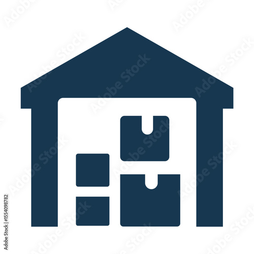 Spacious Warehouse Building Icon Filled with Multiple Stacked Boxes, Illustrating Centralized Storage and Distribution Logistics Centers