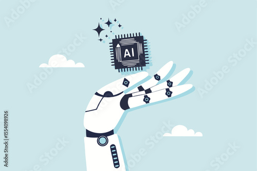 Generative AI artificial intelligence to generate output or answer question in automatic chat, deep learning or machine learning technology concept, robotic hand hold processor chip with the word AI.